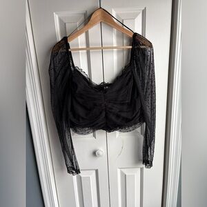 Womens Long Sheer Sleeve Black Polka Dot Crop Top Whimsigoth Dark Fairy Size XL